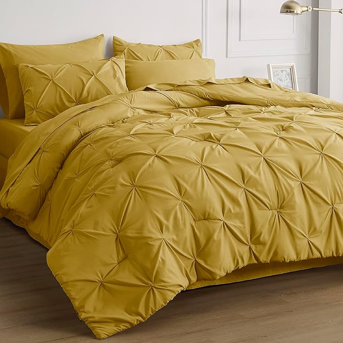 Bedsure Mustard Yellow King Size Comforter Set - Bedding Set King 7 Pieces, Pintuck Bed in a Bag Green Bed Set with Comforter, Sheets, Pillowcases & Shams