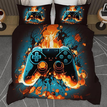 Video Game Full Size Comforter Set for Boys Kids Teens Gamepad Gaming Controller and Fire Pattern Bedding Set- 3 Piece Quilt with 2 Pillowcases (80"x90")