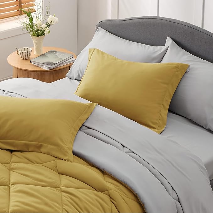 Bedsure Mustard Yellow Full Size Comforter Set - 7 Pieces Reversible Full Bed in a Bag, Full Bed Set Mustard Yellow and Grey with Comforters, Sheets, Pillowcases & Shams