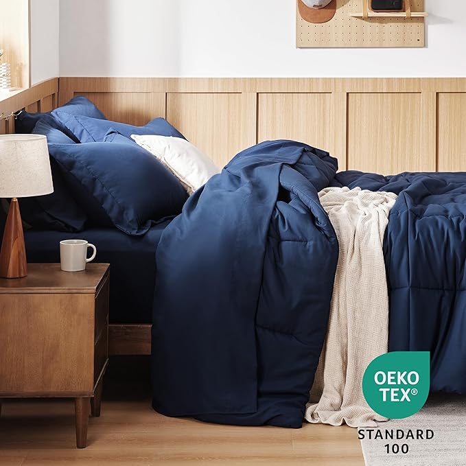 Bedsure Navy Full Comforter Set - 7 Pieces Solid Full Bed in a Bag, Full Bed Set Navy with Quilted Warm Fluffy Comforters, Sheets, Pillowcases & Shams