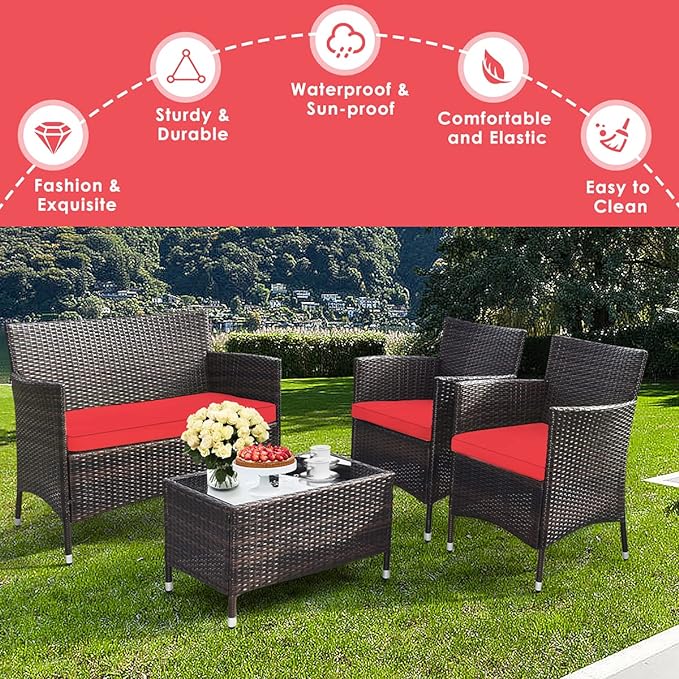 Goplus 4-Piece Rattan Patio Set, Outdoor/Indoor Wicker Conversation Set for Pool, Backyard, Lawn, Wicker Chairs and Sofa with Soft Cushion, Rattan Furniture with Tempered Glass Coffee Table