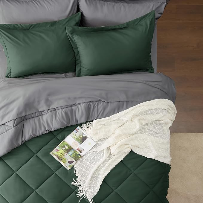 Bedsure Forest Green King Size Comforter Set - 7 Pieces Reversible King Bed in a Bag, King Bed Set Forest Green and Grey with Comforters, Sheets, Pillowcases & Shams