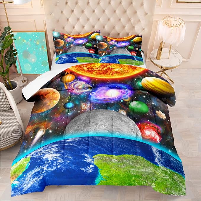 Space Comforter Set Queen Size Planet Universe Bedding Set Queen Solar System Galaxy Bed Comforter Sets Outer Space Home Decor for Boys Bedroom Earth Quilt Set with 1 Comforter 2 Pillowcases