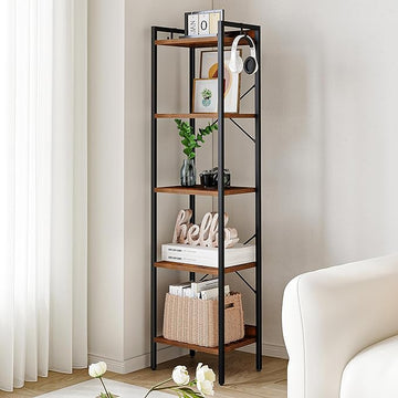 Bookshelf, Book Shelf, Industrial Bookcase with 2 Hooks, Coner Shelf Storage Organizer for Home Office, Living Room, Bedroom, Kitchen, 5-Tier Rustic Brown BC10501B