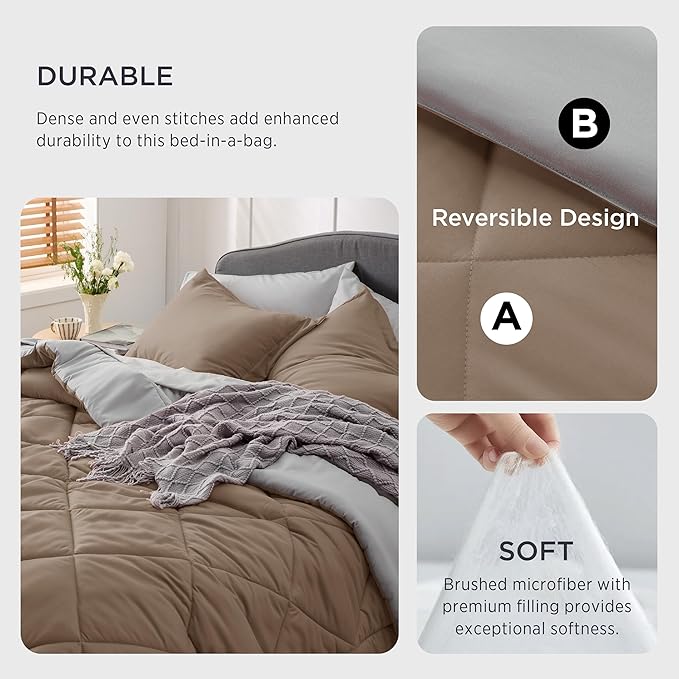 Bedsure Brown King Size Comforter Set - 7 Pieces Reversible King Bed in a Bag, King Bed Set Brown and Grey with Comforters, Sheets, Pillowcases & Shams