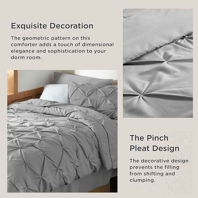Bedsure Twin XL Comforter Set - Extra Long 5 Pieces Dorm Bedding Sets, Pinch Pleat Grey Bed in a Bag with Comforter, Sheets, Pillowcase & Sham