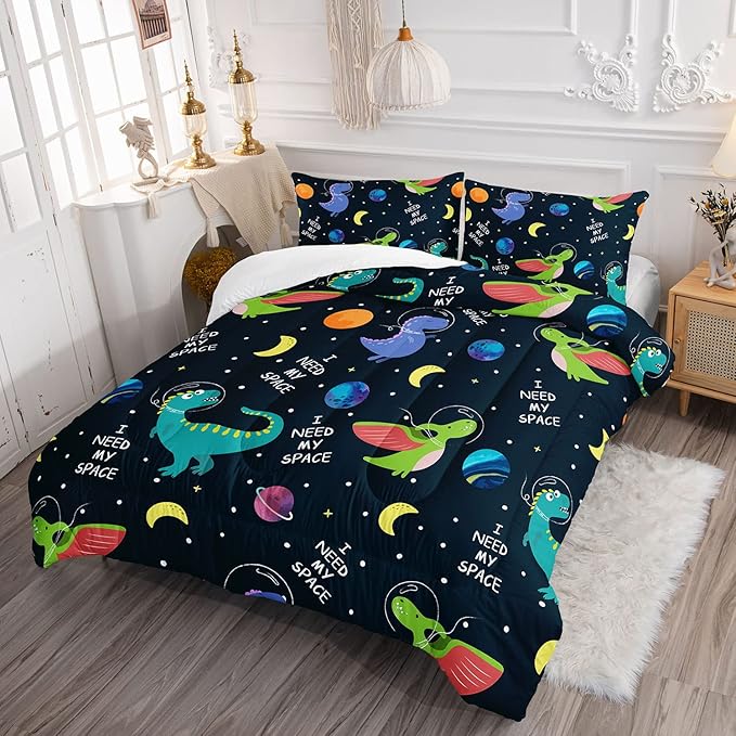 Datura home Dinosaur Space Dinos Comforter Bedding Set for Boys Kids Children,Celestial Bodies Colorful Dinosaur Print Bedding Set with 1 Comforter and 2 Pillowcases(Dinosaur Full)