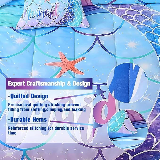 JQinHome Mermaid Comforter Set Queen Size, 6 Piece Mermaid Tail Bed in A Bag,3D Colorful Mermaid Bedding Set for Girls Kids, Sparkle Teal Bedroom Decor Bedding Set with Sheets (Blue)