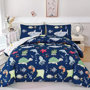 RYNGHIPY Kids Bedding Set for Twin Bed Reversible Ocean Animals Print Comforter Set for Boys Girls Easy-Wash Super Soft Microfiber Bed Set (Navy Ocean,Twin)