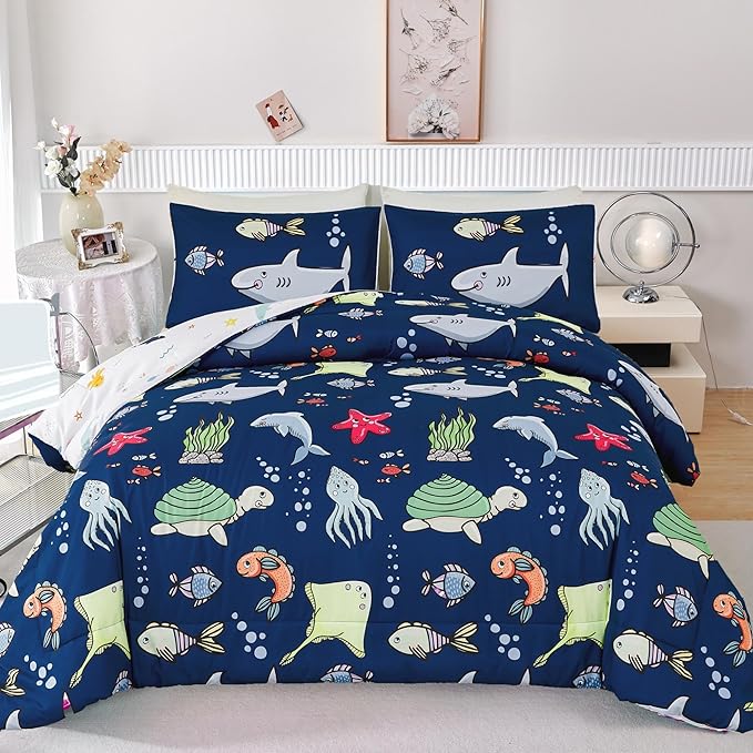 RYNGHIPY Kids Bedding Set for Full Bed Reversible Ocean Animals Print Comforter Set for Boys Girls Easy-Wash Super Soft Microfiber Bed Set (Navy Ocean,Full)