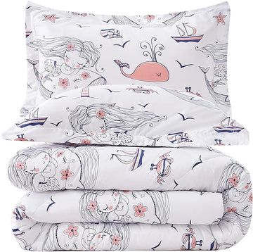 JSD Girls Mermaid Twin Comforter Set for Girls, 2 Piece Kids Printed Comforter with Pillow Sham, Soft Comfortable Machine Washable