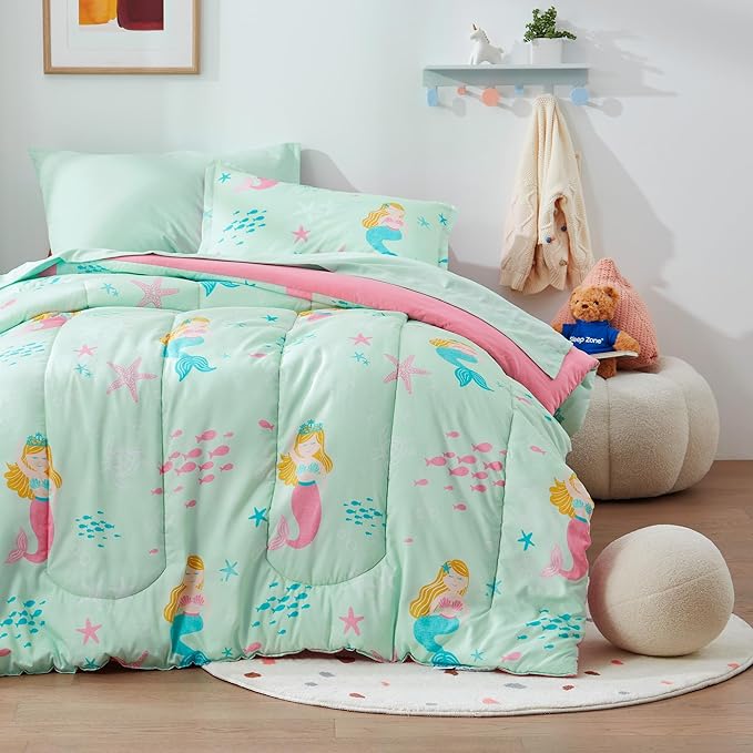SLEEP ZONE Kids Bedding Comforter Set Full/Queen Size - Super Cute & Soft Kids Bedding 7 Pieces Set with Comforter, Sheet, Pillowcase & Sham (Mermaid Princess)