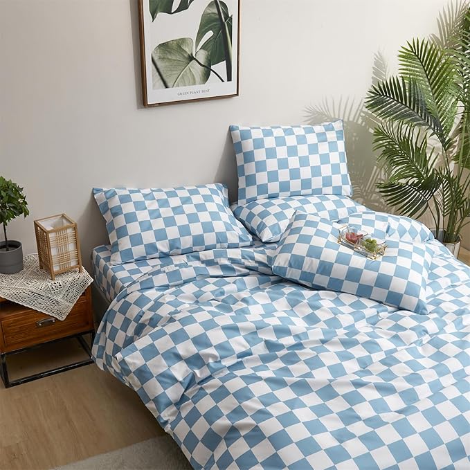 Wellboo Blue White Plaid Comforter Sets California King Women Men Light Blue and White Checkerboard Grid Bedding Comforters Cal King Cotton Dusty Blue Checkered Geometric Quilts Luxury Sky Blue Bed
