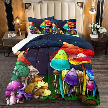 Mushroom Comforter Set Queen Size, Cute Mushroom Patterns Bedding Set for Boys Bedroom, Girls Ultra Soft Comforter Set Queen Size, Colorful Mushroom Comforter for All Season 3Pcs with Pillowcases