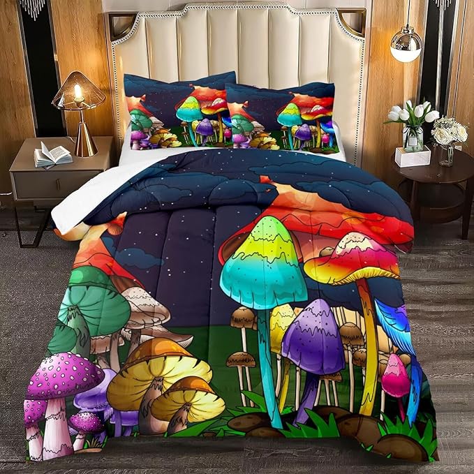 Mushroom Bedding Set Full Girls Ultra Soft Full Size Comforter Set for Boys Cute Cartoon Mushroom Comforter Set for Kids Teens Colorful Mushroom Microfiber Quilt for All Season 3Pcs with Pillowcases
