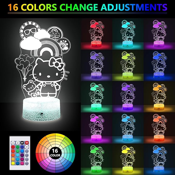 Kitty Night Light for Kids, Kitty Lamp Girl Cute Led Cat Night Light 16 Colors Dimmable Kitty Decor Lamp with Remote & Luminous Base, Bedroom Decoratio Gifts for Christmas Birthday Girls