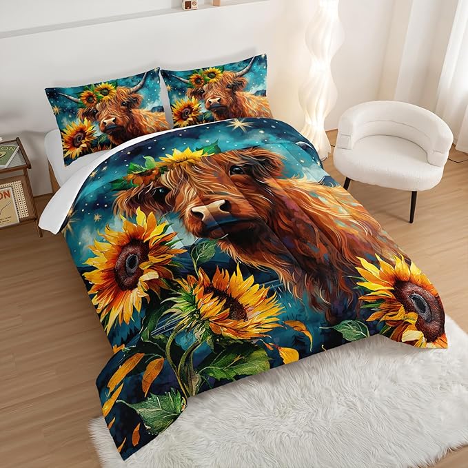 HOSIMA Highland Cow Comforter Set,Western Farmhouse Animals Cow and Sunflower Print Bedding Set 3Pcs with 2 Pillowcases,Galaxy Star Moon Comforter,Floral Comforter Full Size Bed in a Bag Set.