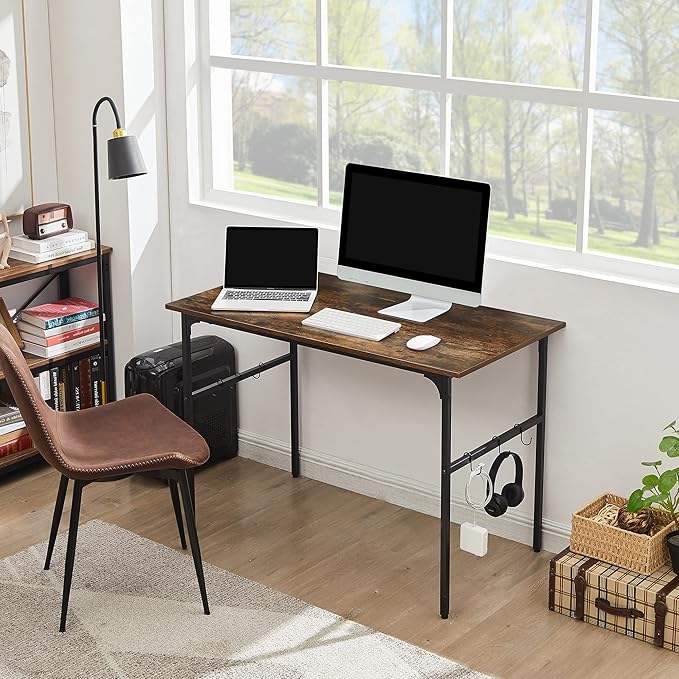 VECELO 44" Computer Writing Desk for Home Office, Study Table Workstation for Small Spaces with 6 Hooks & Adjustable Legs, Metal Frame,Brown, 44Inches