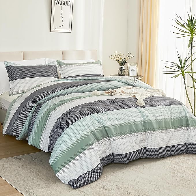 Litanika Comforter Full Size Set Sage Green - 3 Pieces Lightweight Bedding Comforter Sets, Green White Colorblock Stripe Fluffy Bed Set, All Season Down Alternative Bed Set