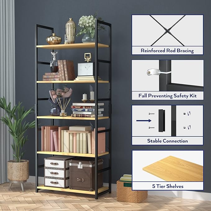NUMENN 5 Tier Bookshelf, Tall Bookcase Shelf Storage Organizer, Modern Book Shelf for Bedroom, Living Room and Home Office, Natural
