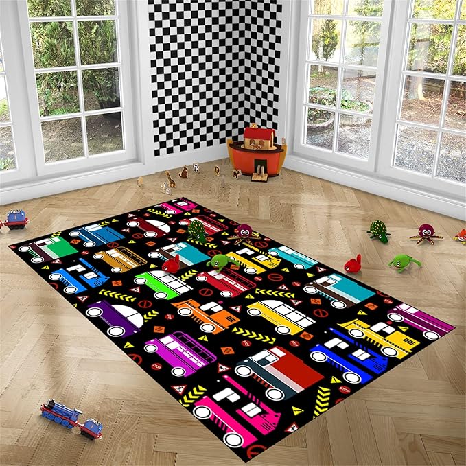 Car Play Mat Kids Rugs for Playroom Car Track Rug Kids Mat Construction Play Mat Car Play Rug Car Carpet for Kids Carpet for Bedroom Truck Rugs for Boys Room,Black 4'×5'