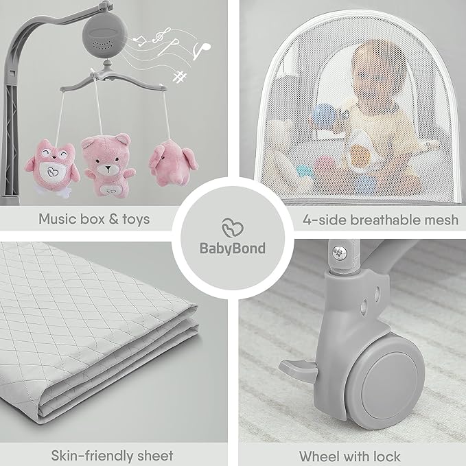 BabyBond Baby Bassinet Bedside Crib, Pack and Play with Sheet, Diaper Changing Table and Music Mobile from Newborn to Toddles, Portable Large Playard