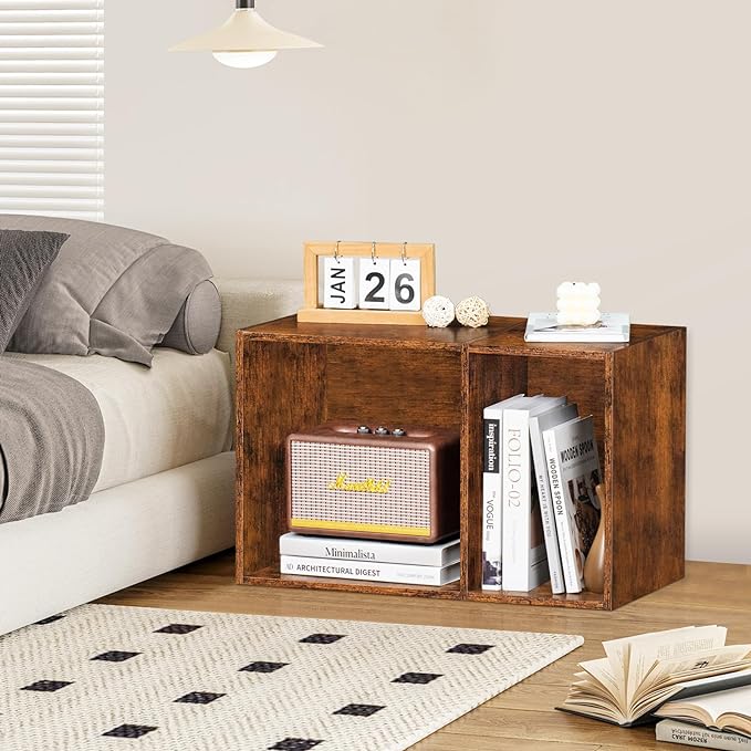 LEYAOYAO 2 Cube Bookshelf,Brown Record Player Stand Holds up to 100 Albums, Mini Wood Book Shelf Storage Organizer,Turntable Stand with Vinyl Storage Cabinet, Narrow Open Bookcase for Small Spaces
