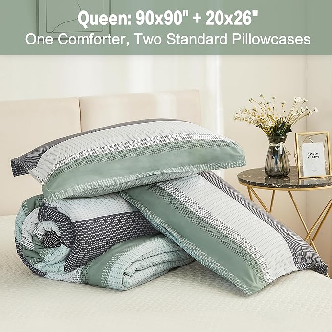 Litanika Queen Comforter Set Sage Green - 3 Pieces Lightweight Bedding Comforter Sets, Light Green White Colorblock Stripe Fluffy Bed Set, All Season Down Alternative