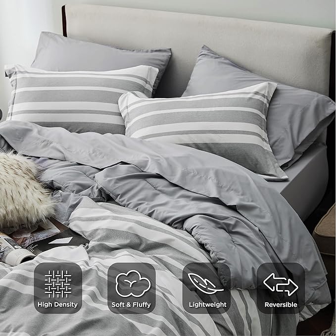 Bedsure Full Size Bed Sets 7 Pieces - Grey & White Striped Bedding All Season Comforter Set, Bed in a Bag with 1 Comforter, 2 Sheets, 2 Pillowcases & 2 Shams