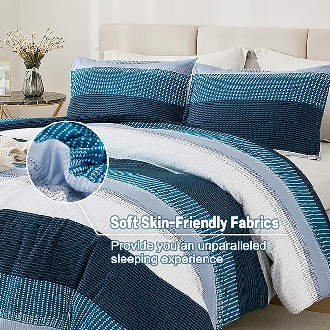 Litanika Navy Blue Comforter King Size Set, 3 Pieces Bedding Set, Blue White Colorblock Stripe (104x90In Comforter & 2 Pillowcases)
