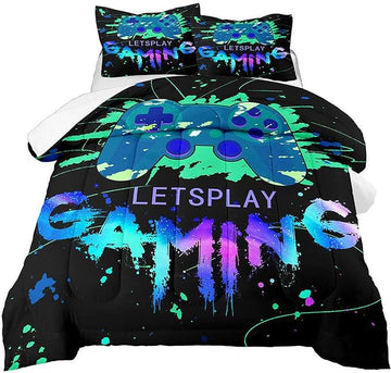 Game Comforter Set Video Gaming Bedding Sets Gamer Room Decor Queen Size Colorful Black Gamepad Soft Game Bedding Set for Boys Teen 1 Comforter and 2 Pillowcases