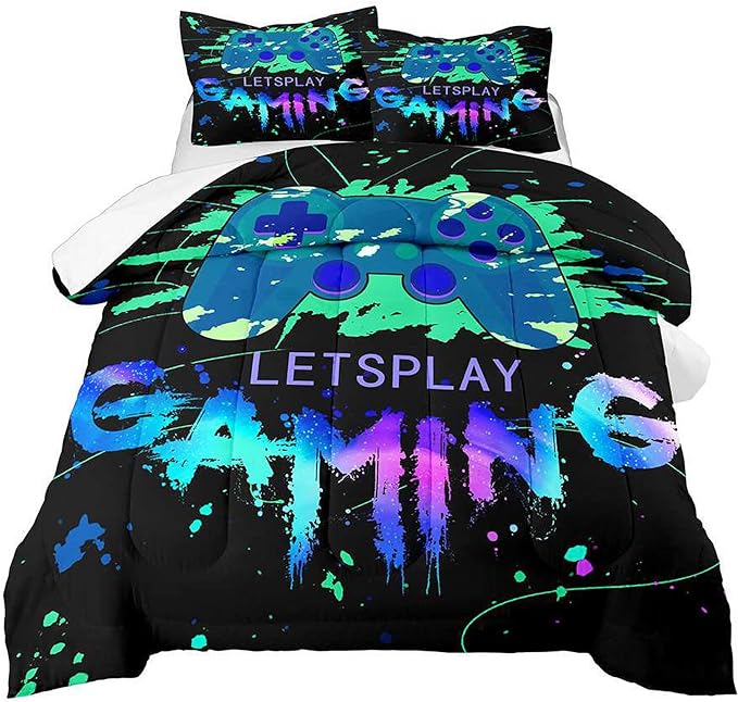Game Comforter Set Video Gaming Bedding Sets Gamer Room Decor Queen Size Colorful Black Gamepad Soft Game Bedding Set for Boys Teen 1 Comforter and 2 Pillowcases
