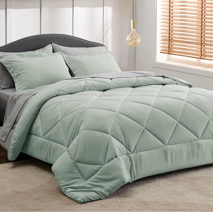 Bedsure Sage Green King Comforter Set - 7 Pieces Reversible Bed Set Sage Green Bed in a Bag King with Comforters, Sheets, Pillowcases & Shams, King Bedding Sets