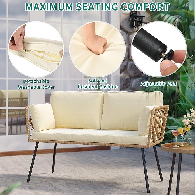 YITAHOME Wicker Outdoor Loveseat, All-Weather Patio Sofa for Balcony, Backyard, Pool, Porch, Deck, Outdoor Sectional Furniture Set with Table & Cushions - Beige