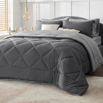 Bedsure Dark Grey California King Size Comforter Set - 7 Pieces Reversible California King Bed in a Bag, California King Dark Grey Bed Set with Comforters, Sheets, Pillowcases & Shams