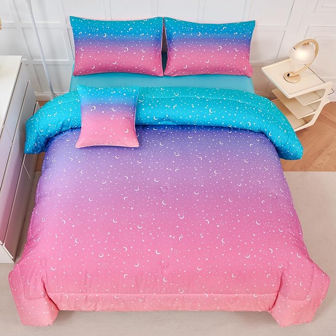 URBONUR 6 Pieces Twin Comforter Set for Girls Moon Star Printed Bedding Set on Gradient Pink Purple Blue, Soft Microfiber All Season Bed Sets for Kids Teen (Twin Size, 6PCS)