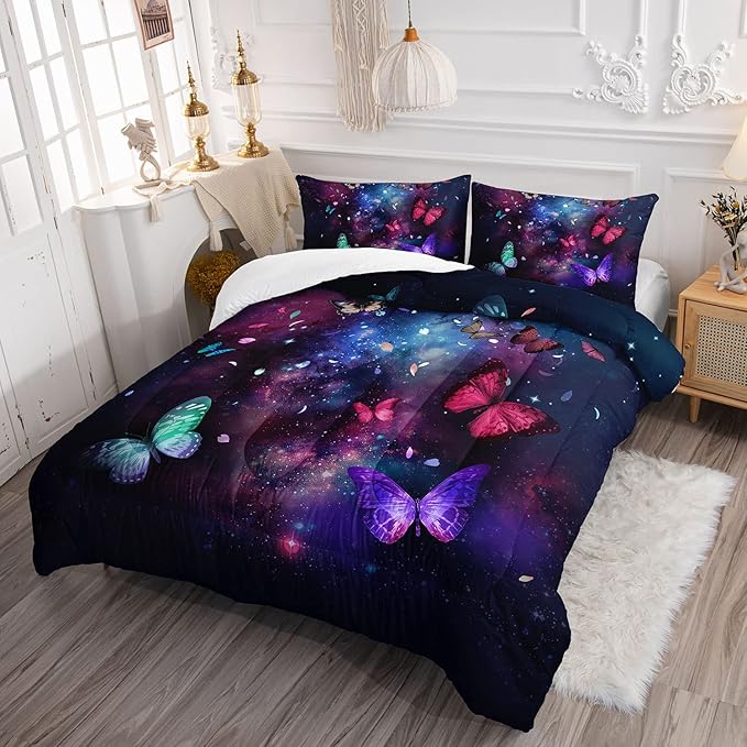 Butterfly Comforter Set for Girls Women,Colorful Butterflies in Space Galaxy Printed Black Bedding Set with 2 Pillowcases(Butterfly Galaxy Twin)