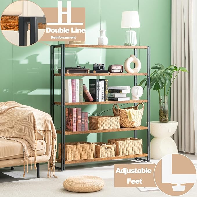 HCHQHS Bookshelf, 5-Tier Industrial Bookcase, Rustic Open Book Shelf, Freestanding Tall Bookshelves with Metal Frame