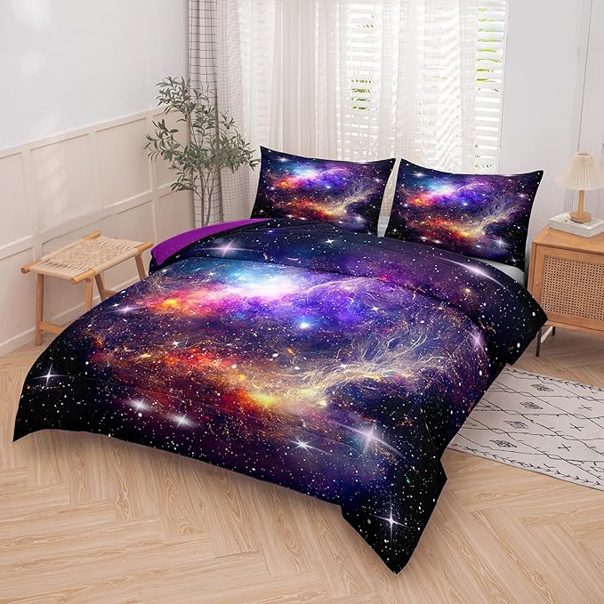 Tailor Shop Galaxy Comforter Space Kids Bedding Set Queen Size, Purple Comforter for Girls with 2 Pillowcase