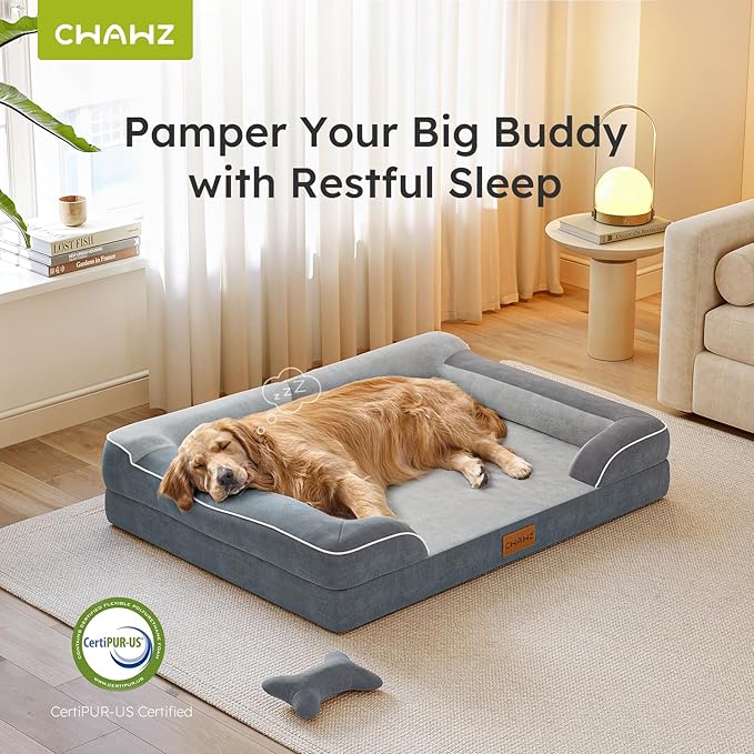 Extra Large Dog Bed, Orthopedic Dog Bed with Cooling Gel Memory Foam, Waterproof XL Dog Bed with Removable Washable Cover, 42" Dog Sofa Couch Dutch Velvet with Bone Toy, Dark Gray