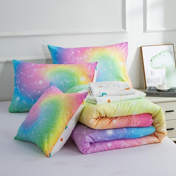 Btargot 6 Piece Tie Dye Constellation Comforter Set Bed in A Bag, Galaxy Rainbow Stars Pattern Bedding Set for Boys Girls Teen, Queen Multi