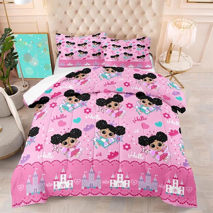 Black Girl Comforter Set, Pink Girls Queen Comforter Set 3 Piece Cute Pattern African American Black Girls Comforter Set Decor Kids Girls Teens Bedroom with 1 Comforter 2 Pillowcases