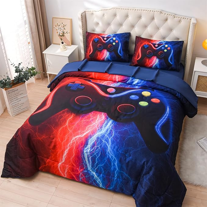 Meeting Story Gamer Gaming Bedding Sets Red-Blue Lightnings Gamepad Comforter Set for Boys Games Console Action Buttons Novelty Colorful Modern Room Decor Home Quilt Set (Red-Blue, Twin 5Pcs)