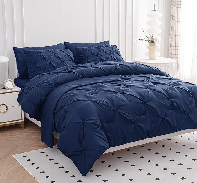 Lane Linen Bedding Comforter Set Full Size, 7 Piece Full Size Bed in a Bag Set, Soft Bedding Sets Full Size, Pintuck Full Bed Set, Full Size Comforter Sets with Sheets, Pillowcases & Shams - Navy Blue