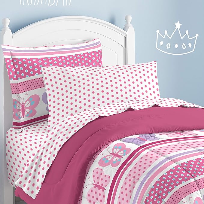 Dream Factory Butterfly Dots Ultra Soft Microfiber Girls Comforter Set, Pink, Twin