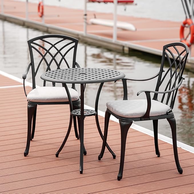 3 Piece Patio Bistro Set with Cushions, Outdoor Bistro Table and Chairs Set of 2 with Umbrella Holes, All Weather Bistro Table Set for Garden Porch Pools