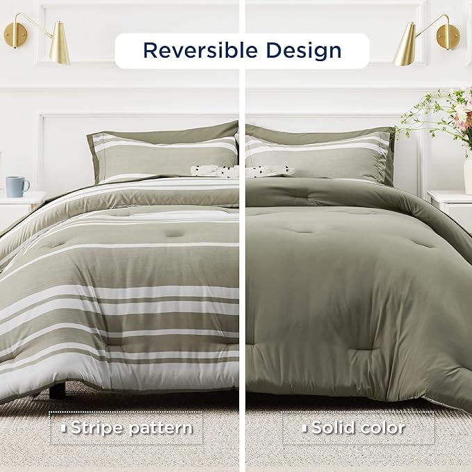Bedsure Bed in a Bag Twin Size 5 Pieces, Olive Green White Striped Bedding Comforter Sets All Season Bed Set with 1 Pillow Sham, Flat Sheet, Fitted Sheet and 1 Pillowcase