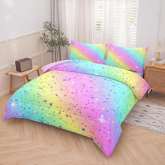 Twin Comforter Set for Girls, Rainbow Comforter Twin, Teen Girl Bedding, Kids Comforter Set for Girls, 5 Pcs Twin Bed in a Bag with 1 Comforter, 1 Flat Sheet, 1 Fitted Sheet and 2 Pillowcases