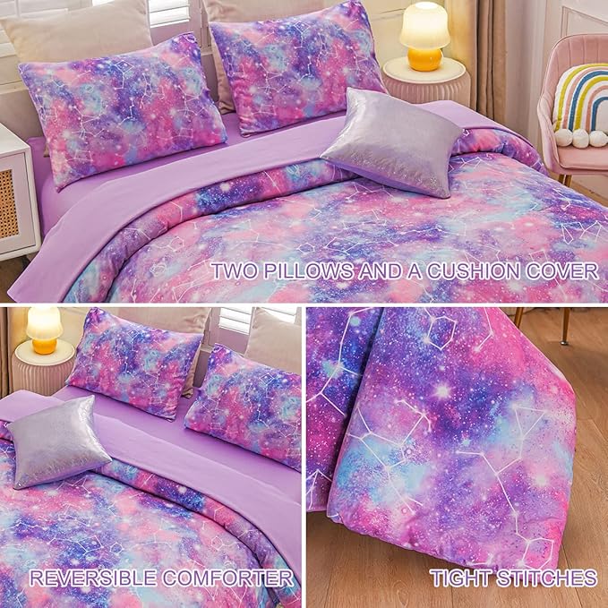 Btargot Lightweight Microfiber 6 Piece Comforter Set, Tie Dye Galaxy Constellation Pattern Bedding Set for Boys Girls Teen, Queen Purple