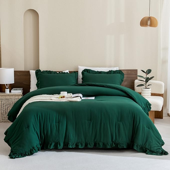 Andency California King Comforter Set Dark Green (104x96Inch), 3 Pieces Cal King Ruffle Comforter, Oversized Farmhouse Shabby Chic Bed Comforter, Lighteweight and Soft Microfiber Bedding Set
